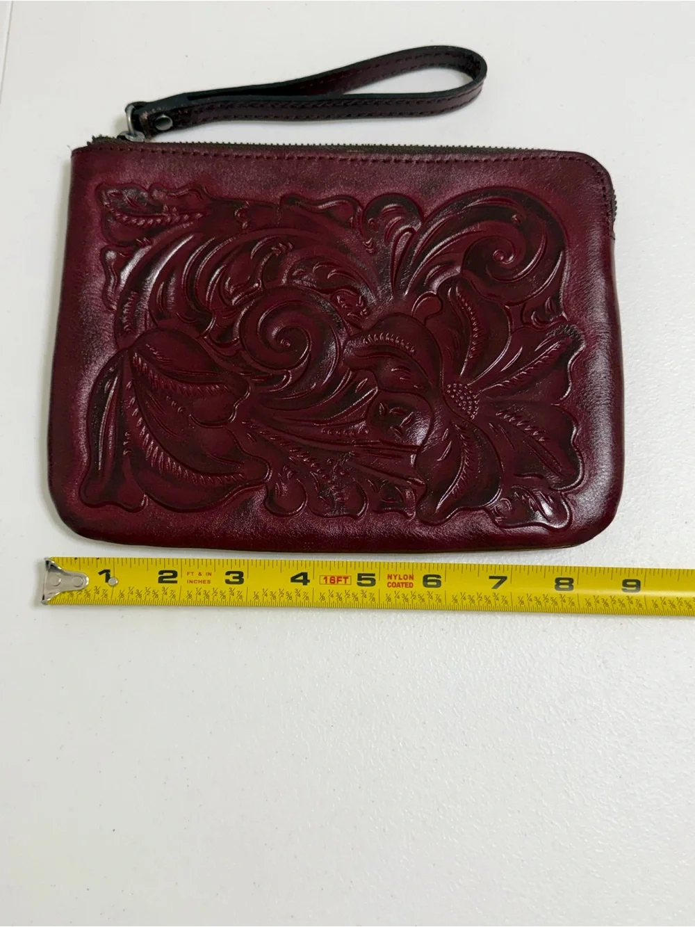 Patricia Nash Oxblood Tooled Leather Wristlet P349244 Floral Continental Pouch